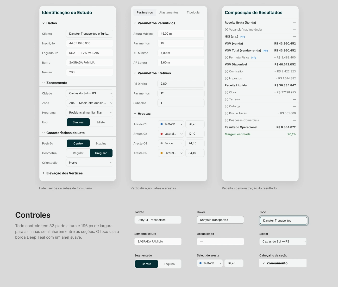 Painéis e controles da sidebar direita